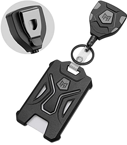 MNGARISTA 1 Pack Heavy Duty Badge Holder, Vertical ID Card Holder for Credit Cards, Clear ID Window, All PC Polycarbonate Plastic Housing, 5 Cards Capacity, Built-in Elastic Clip, Black