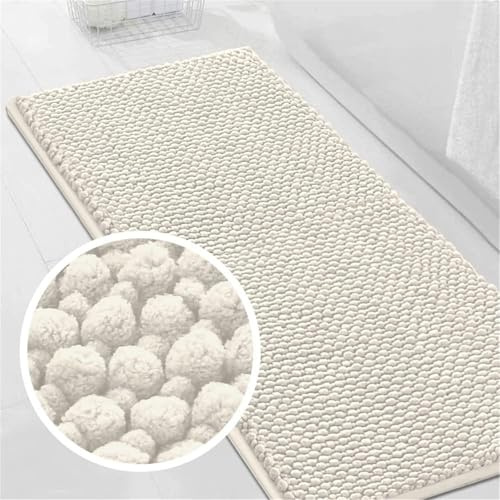 LINGKY Badematte rutschfest 50x120 cm Chenille Badezimmerteppich Saugfähige Badteppich Waschbar Badvorleger Bad Teppich Badezimmer Duschvorleger Badematte Elfenbein