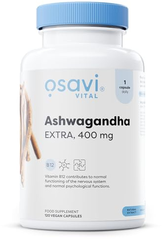 Osavi Ashwagandha Extra 400 mg mit Vitamin B12, Vegane Kapseln zur Unterstützung bei Stress und für das Wohlbefinden, Geistiges Gleichgewicht, Nahrungsergänzungsmittel, 120 vegane Kapseln