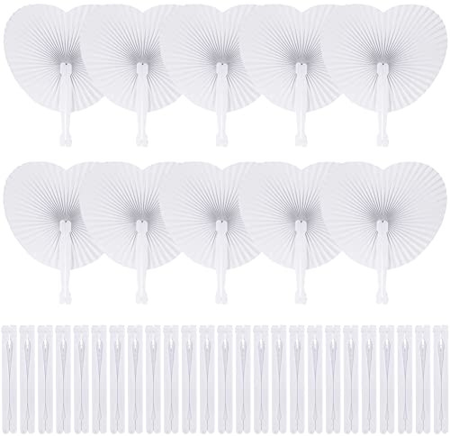 PLECUPE 60 Pieces Paper Fans,Paper Fan Heart,Foldable Pocket Fans,Heart Hand Fan,for Weddings,Parties,Gift,Wedding Decoration,Diy,Foldable,White