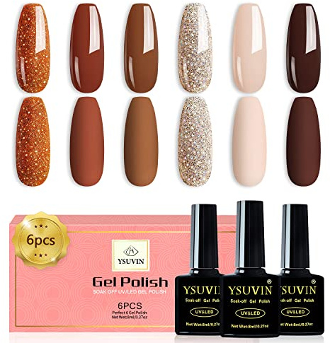 YSUVIN Vernis Semi Permanent, 6 Couleurs Automne Hiver Citrouille Orangé Nudee Brun Foncé Paillettes L'automne Vernis à Ongles Gels Soak Off UV Halloween DIY Kit de Manucure, Cadeaux Beauté