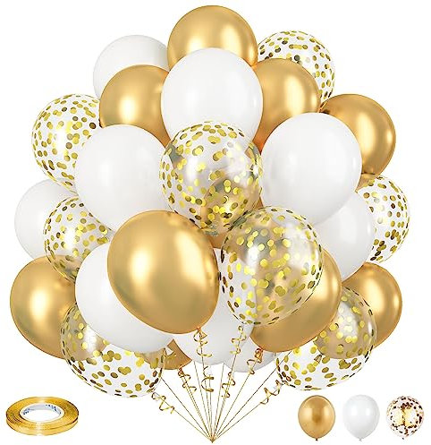 Metallic Gold Balloons Set, Pack of 35 12 Inch White Gold Confetti Latex Balloon, Gold and White Birthday Party Balloons for Women Girls Wedding Engagement Bridal Shower Party Decorations