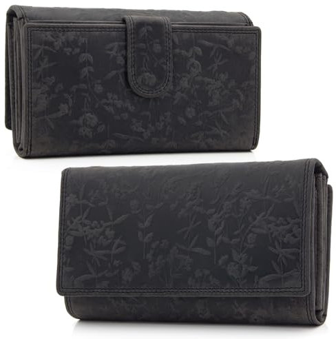 ekavale Damen-Geldbörse groß im Langformat Portemonnaie mit Druckknopf und RFID- Schutz, Geldbörse mit Blüten Muster (Schwarz)