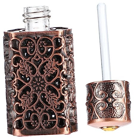 Cabilock Botella De Perfume 3 Ml Grabado Hueco, Botella Vacía De Metal Antiguo, Dispensador Hermético Para Aceites Esenciales, Viajes y Aromaterapia, Frasco Reutilizable Compacto