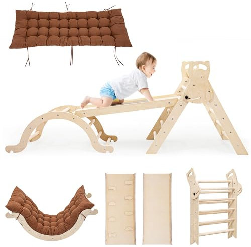 Klettergerüst Indoor Spielzeug ab 1.5 2 3+ Jahr, Montessori Indoor Spielplatz 5 in 1 Kletterdreieck mit Rutsche Kletterbogen mit Kissen Kletterwand, Geschenke Junge Mädchen Klettern Kinder Geburtstag