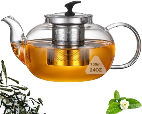 700ML Glass Teapot with Removable Infuser, Ehugos Stovetop Safe Large Tea Pot, Blooming and Loose Leaf Hand Crafted Kettle for Women and Adult Camping,Travel with Stainless Infuse (24oz)