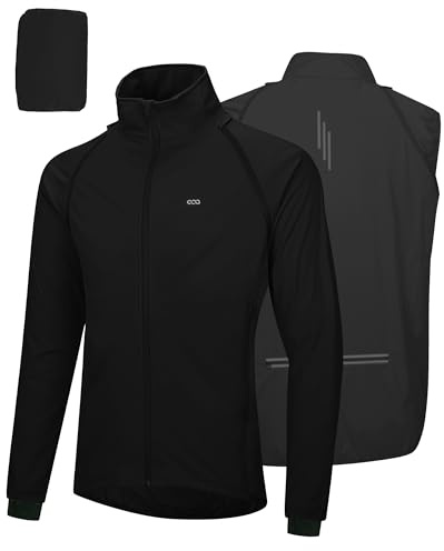 33,000ft Fahrradjacke Herren Wasserdicht Atmungsaktiv UV-Schutz Leicht Fahrradweste mit Abnehmbaren Ärmeln, Reflektierend Regenjacke Laufjacke Packbare Jacke für Männer Schwarz XL