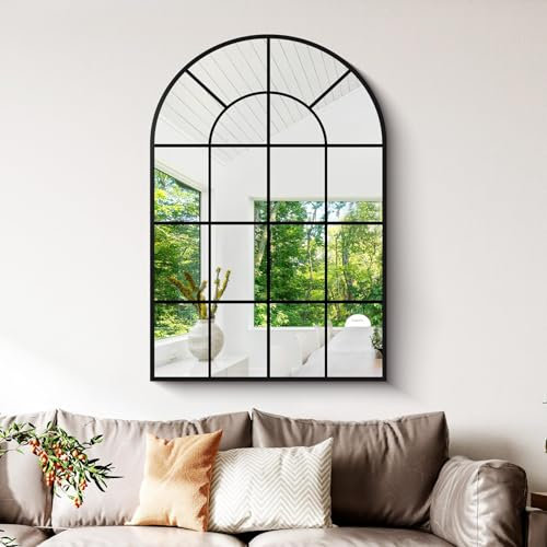 NIMURY Wandspiegel Schwarz 66 x 96 cm, Dekorativer Fensterspiegel aus Metall in Edelrost-Optik, Spiegel Bogen für Badezimmer, Wohnzimmer