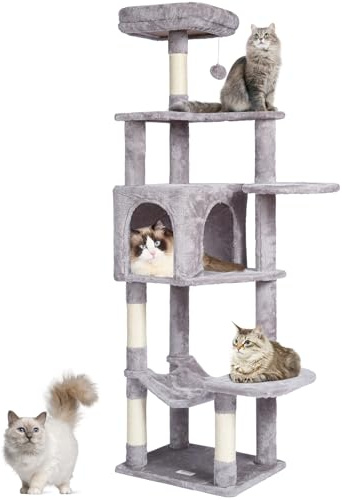 VEVOR Arbre à Chat, 154 cm, Tour d'escalade à Chats avec griffoir en sisal, Niche, hamac, perchoir supérieur, Plates-Formes de Saut, Balle Suspendue, pour activités d'intérieur des Chats, Gris Clair