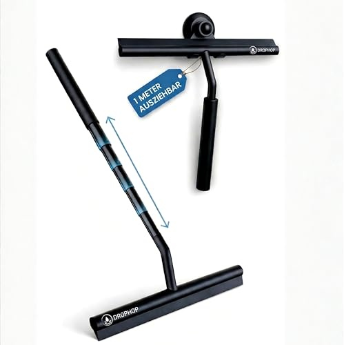 DROPHOP Extendable Shower Squeegee Black with Telescopic Rod (100 cm) - Window Wiper & Glass Squeegee Shower No Drilling - Silicone Wiper Bathroom with Suction Cup