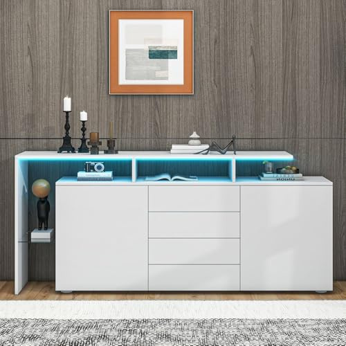 entapuk Buffet avec LED, Commode, Meuble sur Pied, 2 Portes, 4 Tiroirs, Meuble TV, Buffet Haut, Polyvalent, Vitrine LED, Meuble Buffet De Salle À Manger, Blanc Brillant