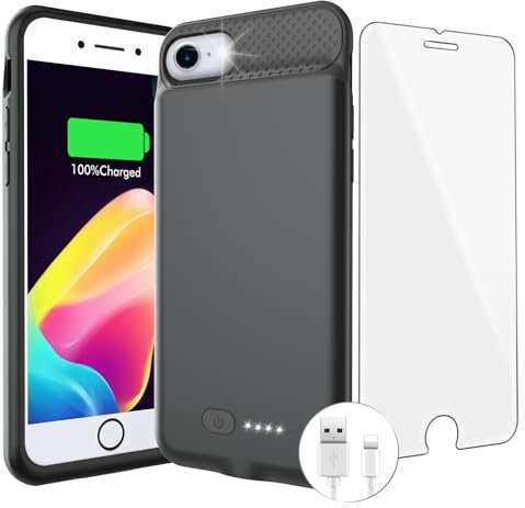 BOPPS Akku-Schutzhülle für iPhone SE (2022/2020)/8/7/6, ultradünn, 6000 mAh, wiederaufladbar, erweiterter Akku, Ladehülle für iPhone 8/7/6S/6/SE (3. / 2. Generation), Schwarz