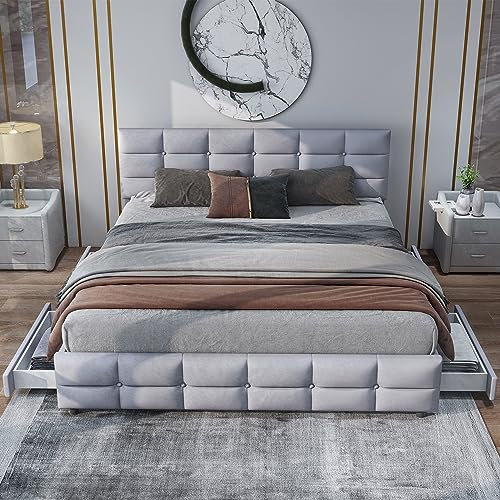 Ymkua Polsterbett 180x200, Doppelbett, Bett mit Stauraum, Stauraumbett mit 4 Schubladen, Bettgestell mit Lattenrost aus Holz, Jugendbett mit Verstellbares Kopftei, ohne Matratze (Grau)