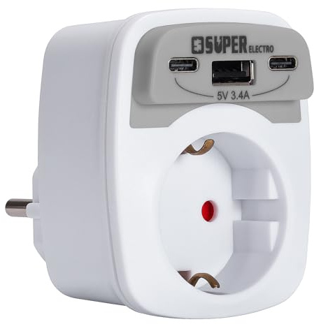 Super Electro 1 Fach Steckdosenadapter, 4 in 1 Steckdosenadapter, Mehrfachstecker mit 2 USB C und 1 USB A, SteckdosenAdapterstecker mit Kindersicherung 4000 Watt für Phone und Haushaltsgeräte
