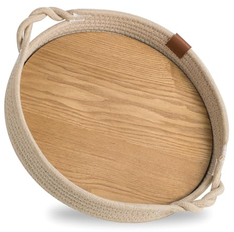 Hanobe Deko Tablett Rund Vintage: Landhausstil Dekotablett Braun mit Abnehmbaren Holzplatte für Couchtisch Beistelltisch - 30cm Boho Baumwollseil Korb Geflochten für Küche
