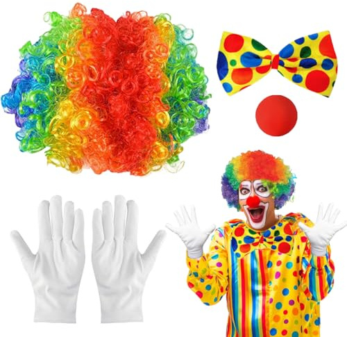 4 Stück Clown Kostüm Set, Clown Kostüm Accessoire, Clown Kostüm, Clown Lockenperücke, Clown Fliege, Clown Nase, Weiß Handschuhe für Herren Damen Karneval Fasching Cosplay