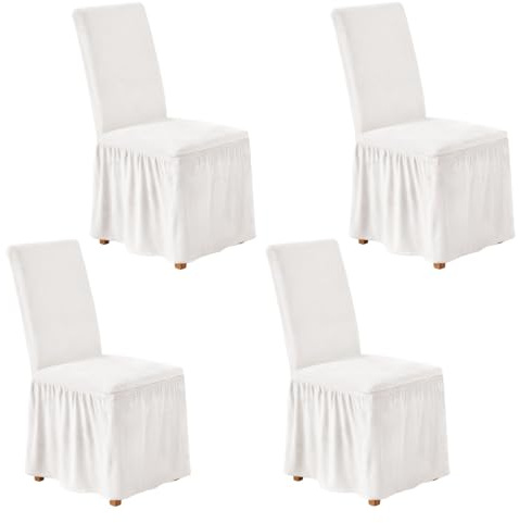 NICEEC Spandex Chair Covers for Dining Chairs Covers Set of 4 Removable Dining Room Chair Covers with Skirt Parson Chair Slipcovers Washable Chair Protector for Kitchen Wedding Party Banquet(White)