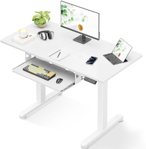 Casaottima Electric Standing Desk with Keyboard Tray, 40 Inch Height Adjustable Small Table, Sit Stand Table, Writing Computer Desk for Home, Office, Workstation, White