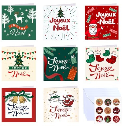 Huigugu Carte de Joyeux Noël Carte de Voeux Noël avec Enveloppes Carte de en Français 8 Motifs Différents Carte de Voeux pour Famille Amis Collègues