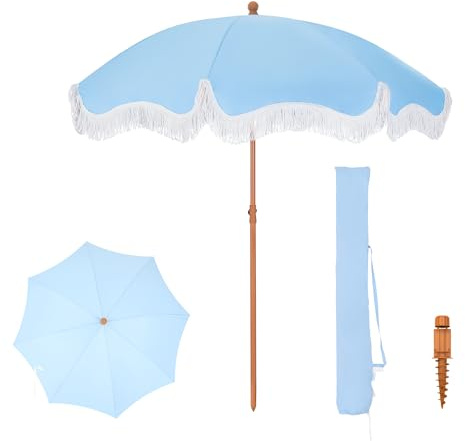 PHI VILLA Sonnenschirm Balkon Sonnenschutz 200 cm Knickbar Rund mit Fransen, Boho Strandschirm Garten Windbeständig Sonnenschirme Balkonschirm mit Erdspieß für Terrasse, UPF 50+, Himmelblau