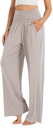 ODODOS Women's Wide Leg Palazzo Lounge Pants with Pockets Light Weight Loose Comfy Casual Pajama Pants-28 inseam, Light Beige, Medium