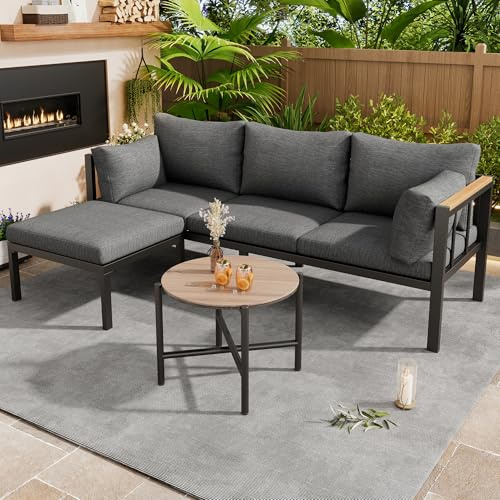 Merax Gartenmöbel Set, Loungemöbel mit Sofa, Couchtisch & Fußhocker, Gartenlounge mit Verzinkter Stahlrahmen, Glastischplatte, Bequemes Sitzkissen, Für Garten, Balkon & Terrasse, Grau