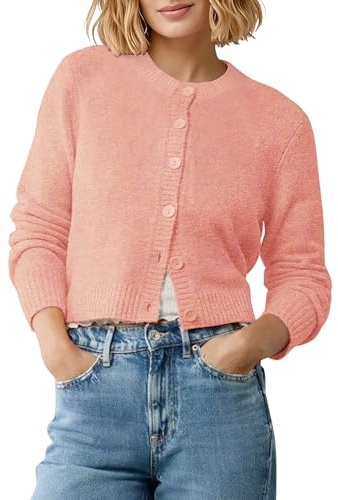 EXCHIC Femmes Confortable Manches Longues Front Ouvert Court Cardigan Pull Coupe Slim Col Rond Boutonné Gilets