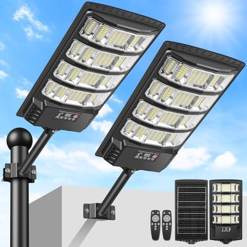 LEKIA Lampione Solare per Esterno, 6500K Lampada Stradale Solare con Sensore di Movimento, Telecomando, Impermeabili 320° Illuminazione Faretto Solari con Pannello per Giardino, Strada, 2 Pezzi
