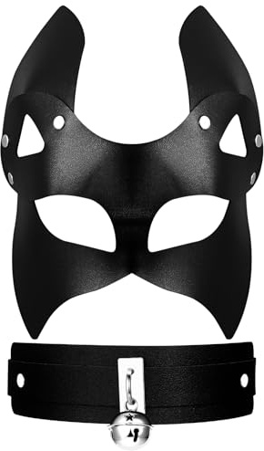 Cupimatch Masque Carnaval Vénitien Cuir: Masque de Renard Sexy avec Collier Cloche et Rivet Demi Visage pour Déguisement Bal de Maquillage Mascarade Cosplay Noir Hallowenn - Cadeau Femme
