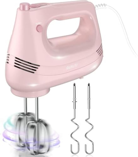 Elektrischer Handmixer 300W mit Edelstahl Schneebesen, Knethaken, Elektrische Handrührer,Turbo Boost /5 Geschwindigkeit, Handrührgerät für Backen Kuchen, Eier Sahne Lebensmittel-Mixer (Rosa)