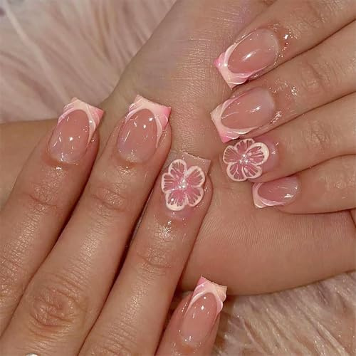 GlamRays 24 Stück Französische Spitzen Aufkleber Nägel Quadratisch Kurze Falsche Nägel Vollständige Abdeckung Kirschblüten Nägel mit Perlen Design