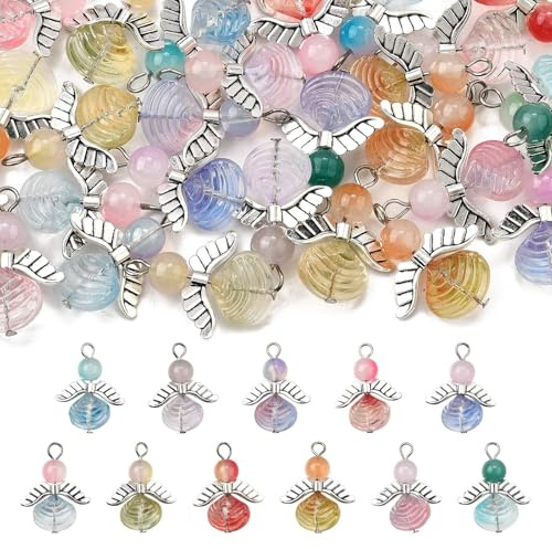 Stiesy 30 st glas ängelberlocker fe glas hänge snäcka ängel med tibetansk vinge berlock bulk för smyckestillverkning hantverk gör-det-själv armband halsband örhänge presenter