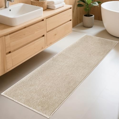 Bilimili Bathroom Runner Rugs, Thin Absorbent Non-Slip Bath Mat, Quick Dry Low Pile Mats for Bathroom Floor Front of Bathtub,Shower Room,Sink,24×60,Light Coffee