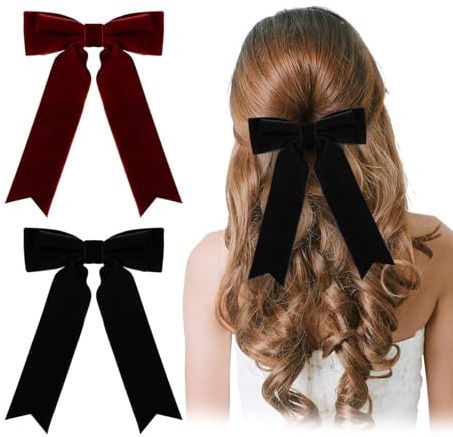 2 Stück Haarspangen mit Fliegen aus weinrot und schwarzem Samt | Haaraccessoires für Frauen zu Weihnachten & Valentinstag | Geschenkset für sie | Elegante Krallenspangen | Haarschleifen (Red + Black)