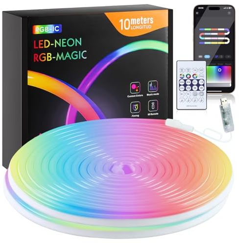 10m Neon Led Strip, 5V RGB mit IC LED Wasserdicht Flexible Neon Rope Lights mit USB-Anschluss, Controller, APP Intelligente Steuerung für Schlafzimmer, Wohnzimmer und Außendekoration