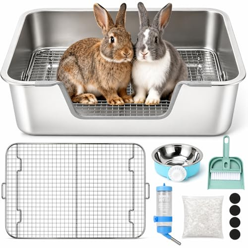 Rypet Große Kaninchentoilette, Hasentoilette, hohe Seite mit 304 Edelstahl-Siebschale, Metall-Klo für Kleintiere, mit Futternapf und Wasserflasche, rutschfest, leicht zu reinigen, Geruchskontrolle