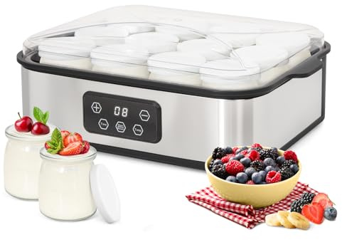 Todeco Yogurtera Eléctrica con 12 Tarros de 180 ml con Tapa, Acero Inoxidable, Temperatura Ajustable, Temporizador, Máquina de Yogur Casero, para Yogur Griego, Yogur Frutas