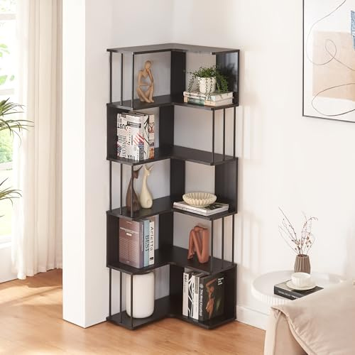 [en.casa] Eckregal Afrel Bücherregal mit 5 Ebenen 160 x 54 x 54 cm offenes Regal Standregal für Wohnzimmer Büro Schlafzimmer Schwarz