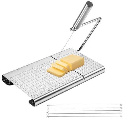 Penitue Cheese Slicer Board with 5 Replacement Wires, Stainless Steel Block Cheese Cutting Board Butter Slicing Cutter Kit with Measurement Grid Non-Slip Feet for Butter Fruits & Vegetables