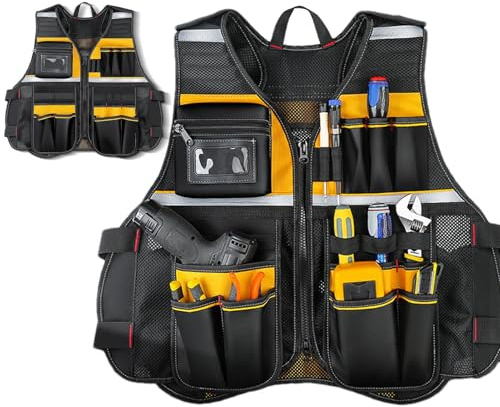 Gilet da falegname - Gilet da lavoro di sicurezza multi tasca, costruzione in tessuto Oxford, vestibilità regolabile con passanti per riporre attrezzi, design traspirante ventilato organizzazione