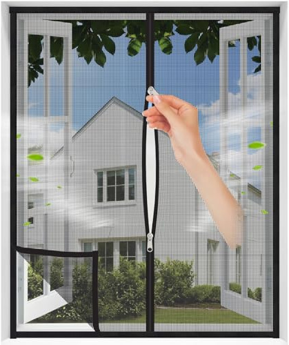MAGICDOOR Zanzariera Finestra 65x60cm, Nero Rete Resistente Tenda Zanzariere Balcone per Gatti Anti Graffio Gatto, con Doppia Testa Cerniera Lampo, Nastro Adesivo 2cm