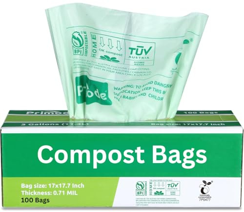 Lot de 100 sacs à compost compostables de 3 gallons - Petits sacs à compost pour poubelle de comptoir - Extra épais - 0,71 mm - Certifié ASTM D6400 par BPI et TÜV Autriche