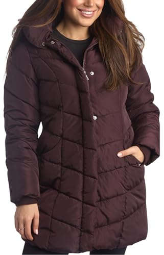 Steve Madden Women's Long Chervron Quilted Outerwear Jacket, Merlot, M