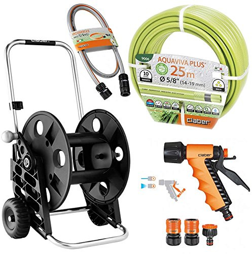 Set Claber Avvolgitubo Genius 60 Tubo 25 Metri 5/8 Starter Kit Pistola Tubo di Collegamento Metri 1,50