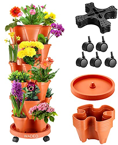 WADEO Pflanzturm mit stapelbaren Pflanzgefäßen, 6-stöckiger vertikaler Garten für Gemüse, Erdbeeren, Kräuter und Blumen, geeignet für innen und draußen (Rot)