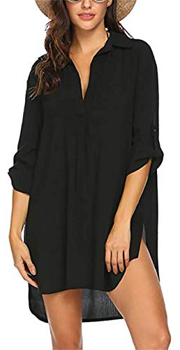 Pareo Plage Mousseline de Soie Robe de Plage pour Femmes V-Cou Bikini Cache-Maillots Chemise Robe Cache Couvrir Beach Maillots de Bain Cover Up Coton Mélangé V-Cou Manche 3/4