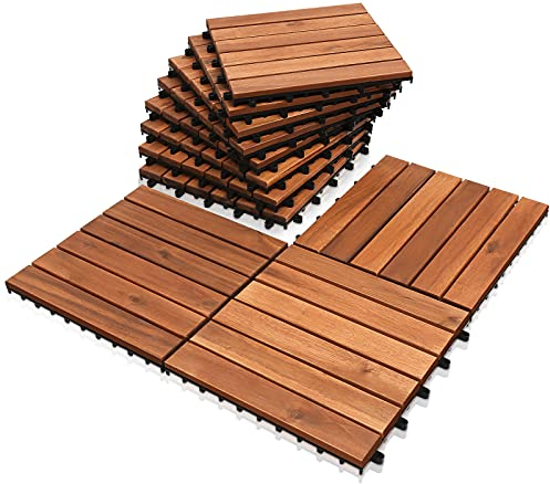 Akazienholz Holzfliesen, Balkonfliesen Gartenfliesen Terrassenfliesen, 30x30cm, 5m², 6 Latten, Fliese Leicht verlegbar(55 Stück)