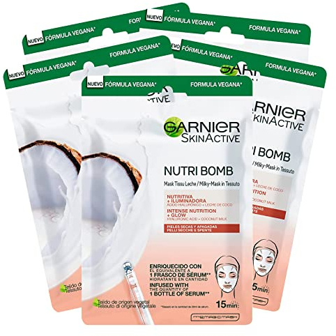 5x Garnier Skinactive Masque en tissu Nutri Bomb nourrissant et illuminant avec du lait de coco pour peaux sèches et ternes - 5 masques jetables