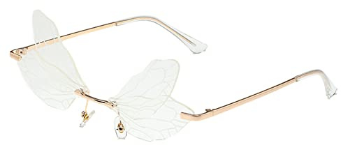 RUNHUIS Randlose Dragonfly Sonnenbrille Vintage Retro Flügel geformt Schmetterling Feenhafte Schatten Brille Fashion Party Brillen für Damen Herren (Weiß)