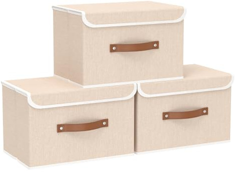 Yawinhe 3 Stück Aufbewahrungsboxen mit Deckel,38x25x25cm,Beige | Waschbare Faltbare Stoffboxen;Kisten Aufbewahrung mit Praktischen Griffen;Faltboxen Aus Vliesstoff für Schlafzimmer